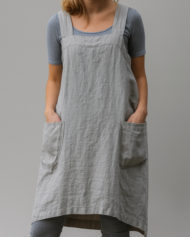 Vestido estilo delantal de algodón y lino para mujeres con bolsillos