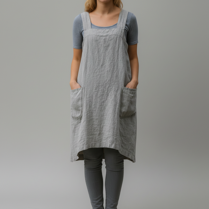 Vestido de Delantal de Algodón y Lino con Bolsillos para Mujeres