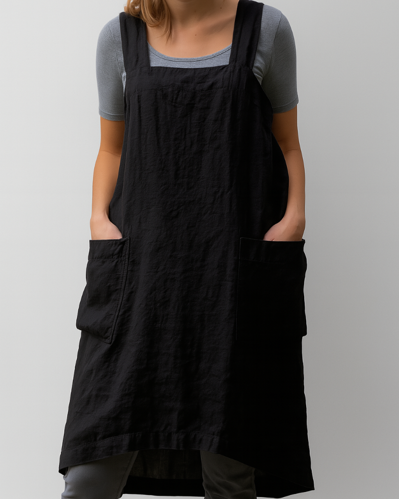 Vestido estilo delantal de algodón y lino para mujeres con bolsillos