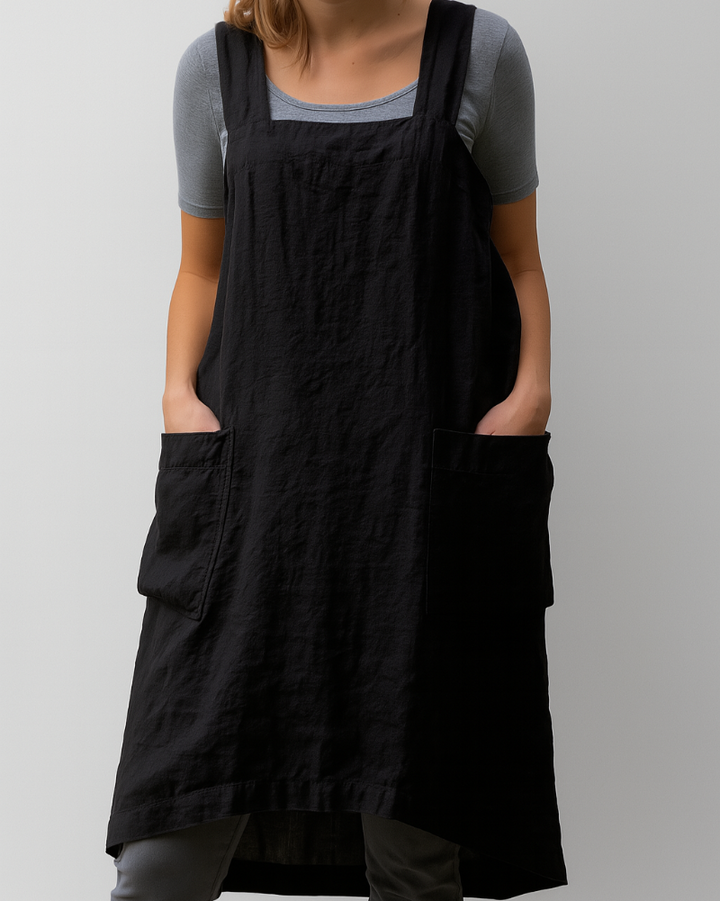 Vestido estilo delantal de algodón y lino para mujeres con bolsillos