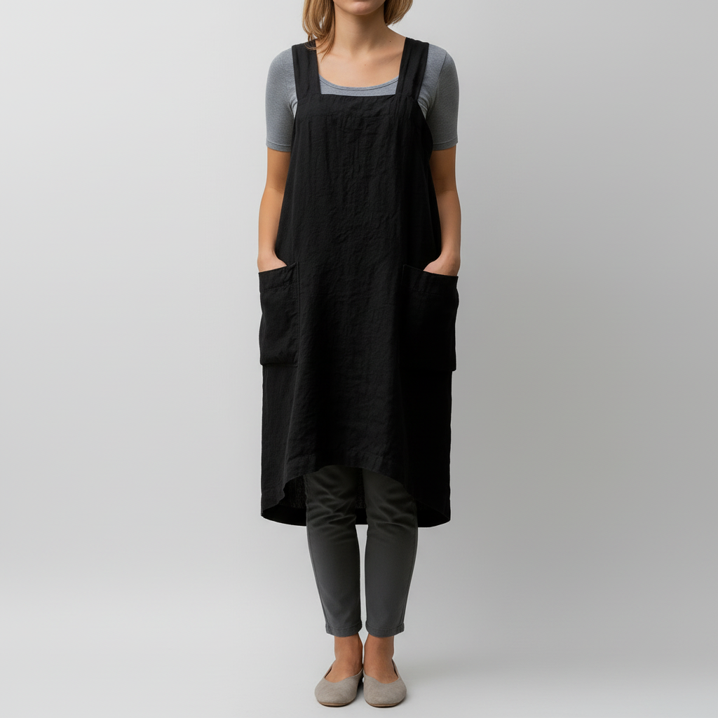 Vestido de Delantal de Algodón y Lino con Bolsillos para Mujeres