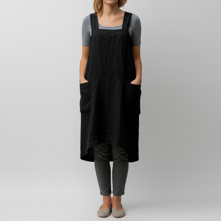 Vestido de Delantal de Algodón y Lino con Bolsillos para Mujeres