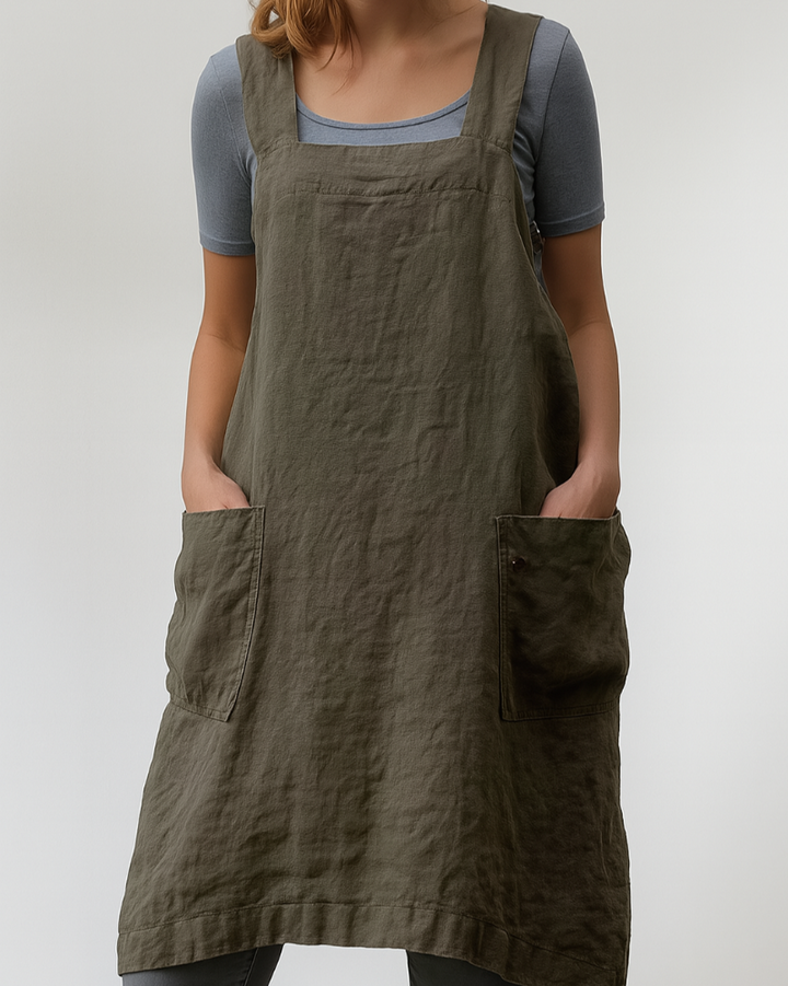 Vestido estilo delantal de algodón y lino para mujeres con bolsillos