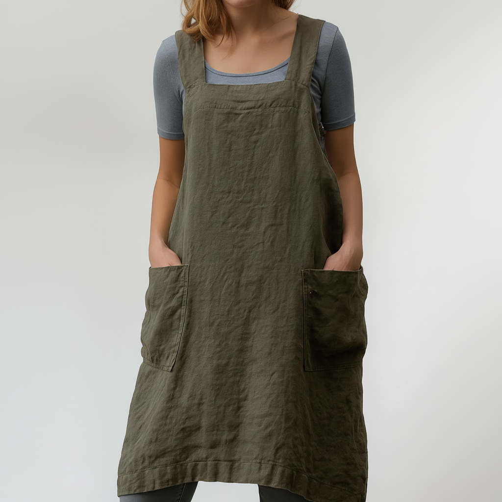 Vestido de Delantal de Algodón y Lino con Bolsillos para Mujeres