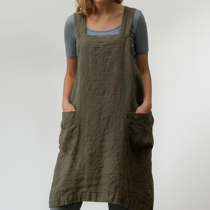Vestido de Delantal de Algodón y Lino con Bolsillos para Mujeres