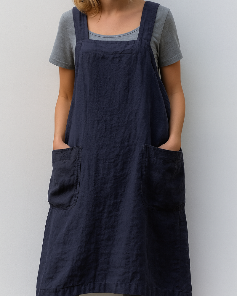 Vestido estilo delantal de algodón y lino para mujeres con bolsillos