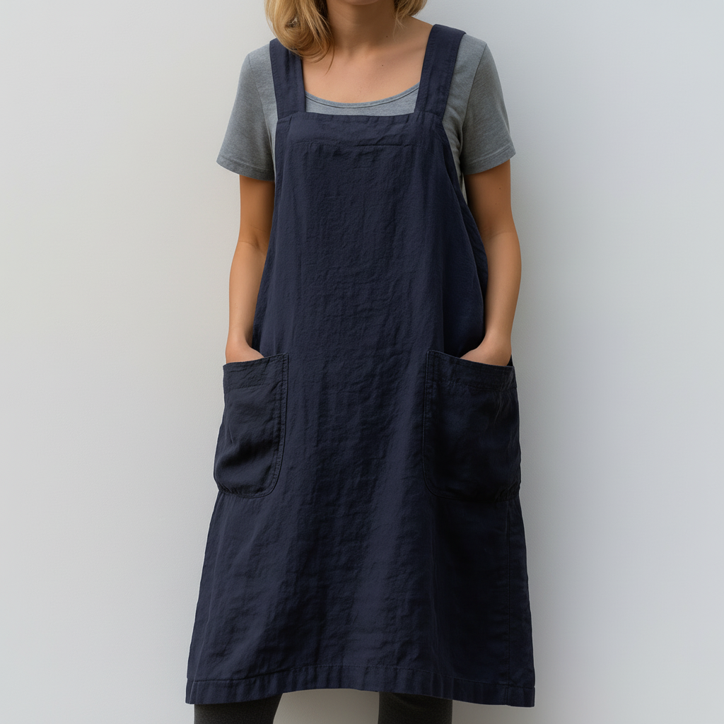Vestido de Delantal de Algodón y Lino con Bolsillos para Mujeres