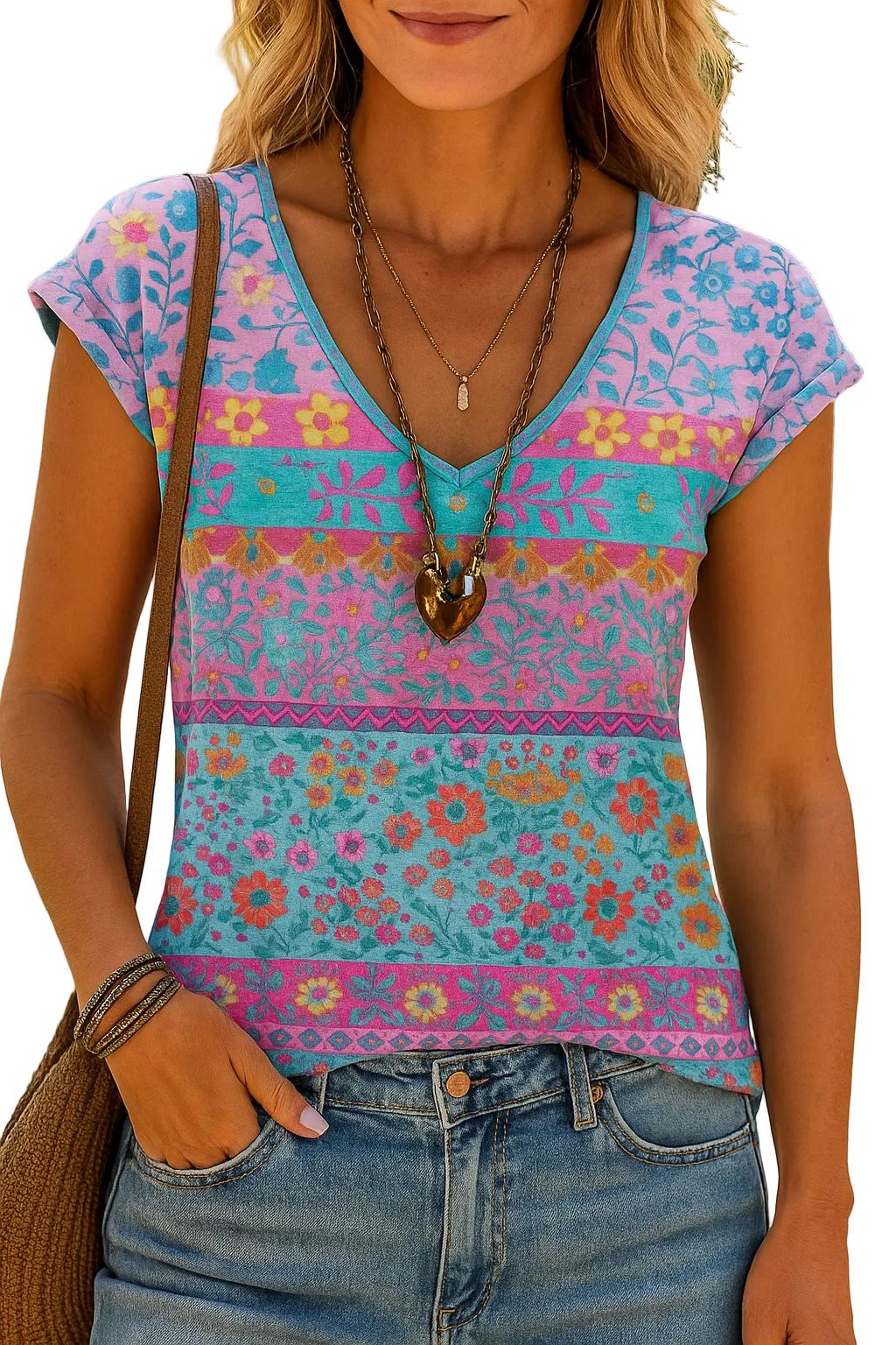 Camiseta Casual con Estampado Floral y Cuello en V