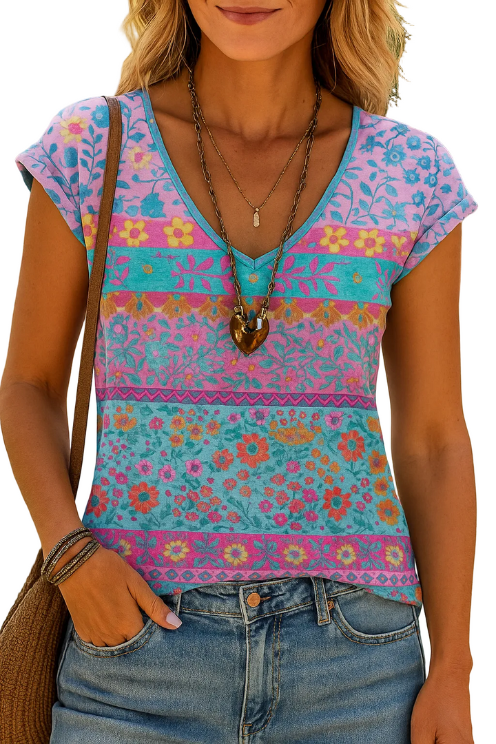 Camiseta Casual con Estampado Floral y Cuello en V