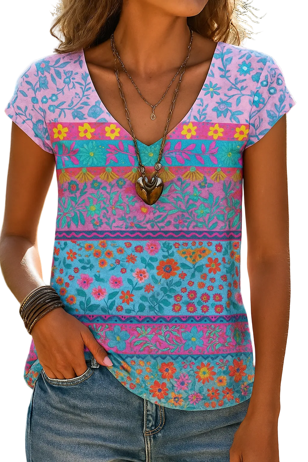 Camiseta Casual con Estampado Floral y Cuello en V