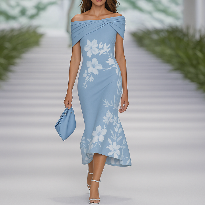 Vestido floral drapeado con hombros al aire para mujer, vista posterior