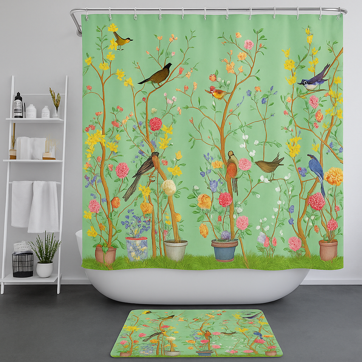 Decoración de baño vibrante en verde con alfombrilla a juego