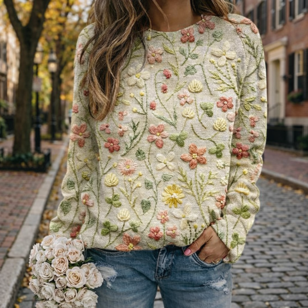 Suéter de Punto Relajado con Estampado Floral para Mujeres
