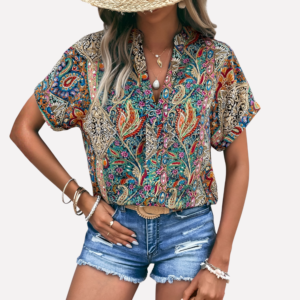 Blusa de Mujer Casual con Escote en V y Estampado de Paisley con Hombros Caídos