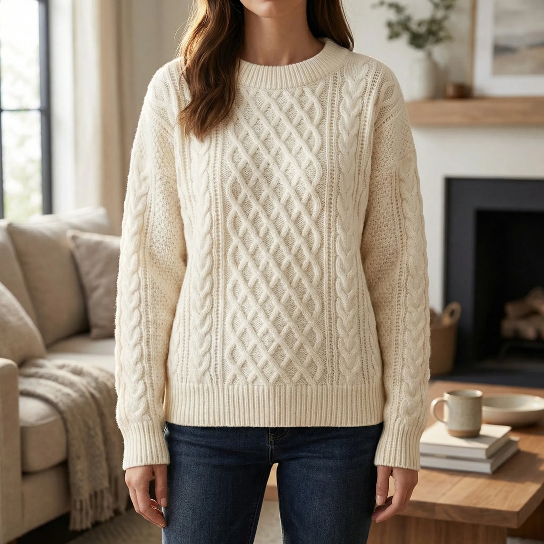 Cozven - Jersey de punto trenzado con cuello redondo