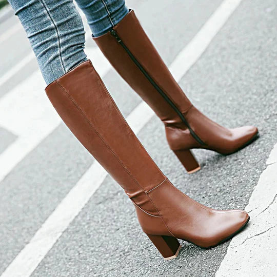 Botas de tacón hasta la rodilla con cremallera para mujer