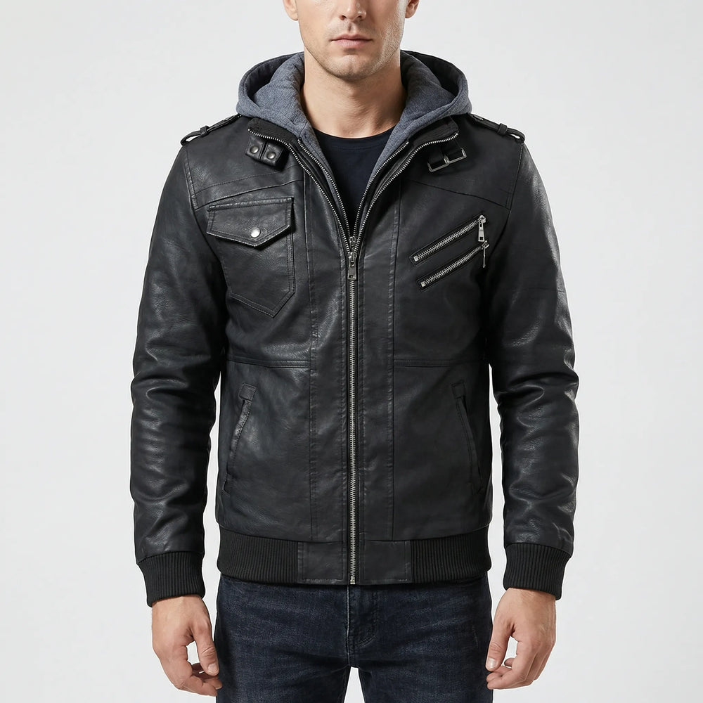 Duskero - Chaqueta bomber de cuero con capucha y cremallera