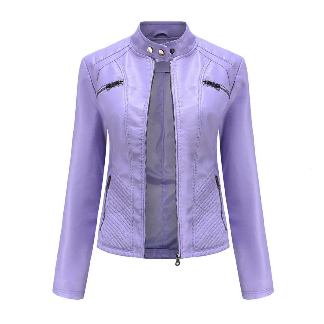 Elegante chaqueta de imitación de piel para mujer con diseño clásico de motera