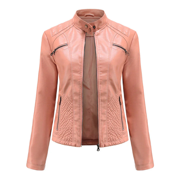 Elegante chaqueta de imitación de piel para mujer con diseño clásico de motera