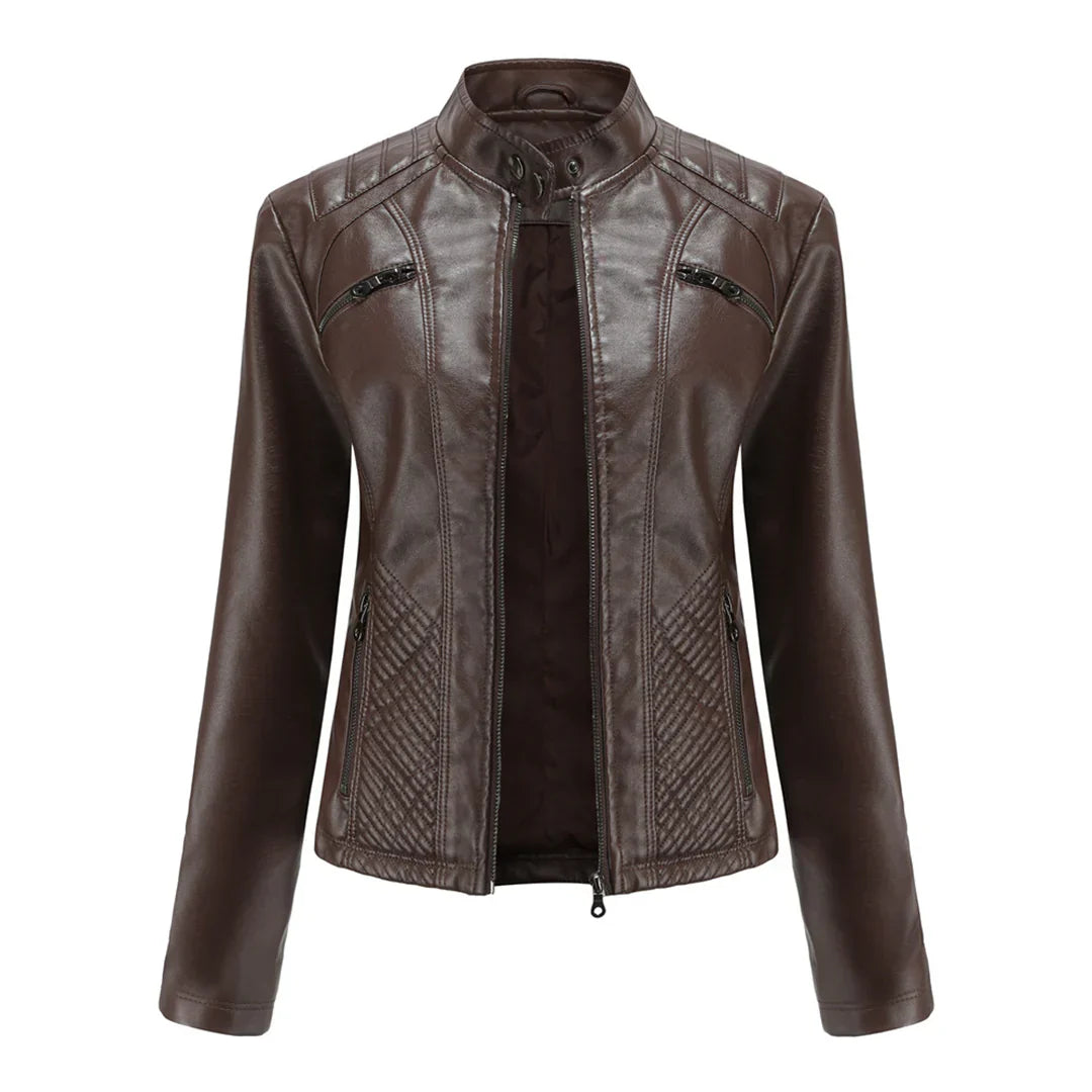 Elegante chaqueta de imitación de piel para mujer con diseño clásico de motera