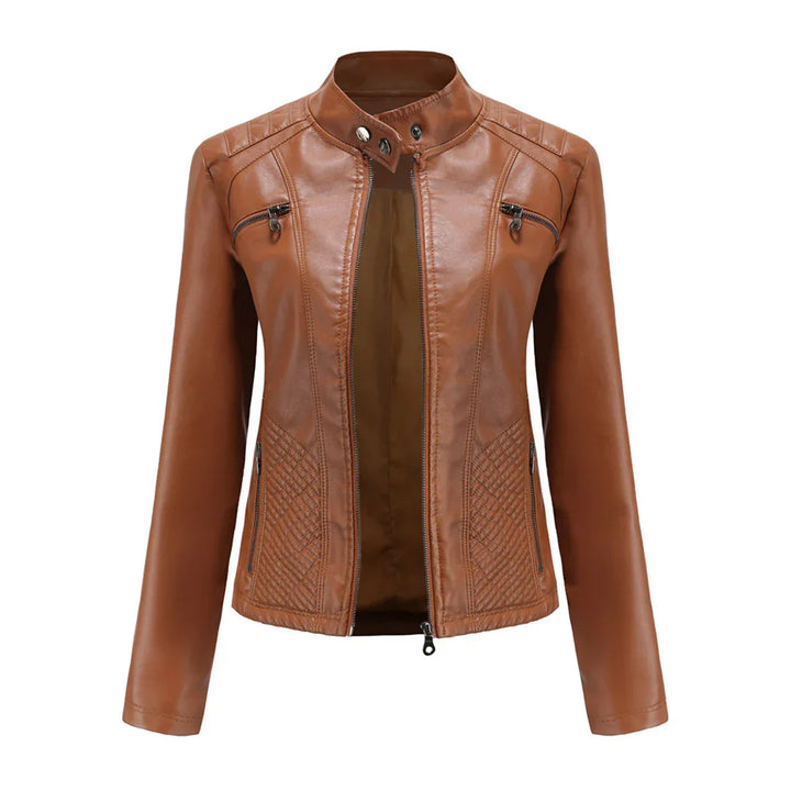 Elegante chaqueta de imitación de piel para mujer con diseño clásico de motera