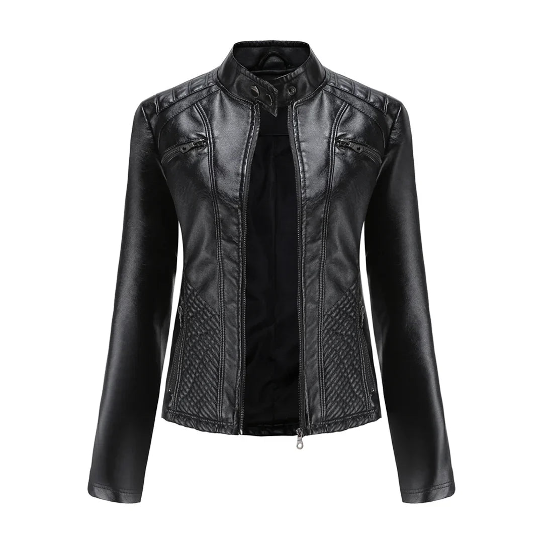 Elegante chaqueta de imitación de piel para mujer con diseño clásico de motera
