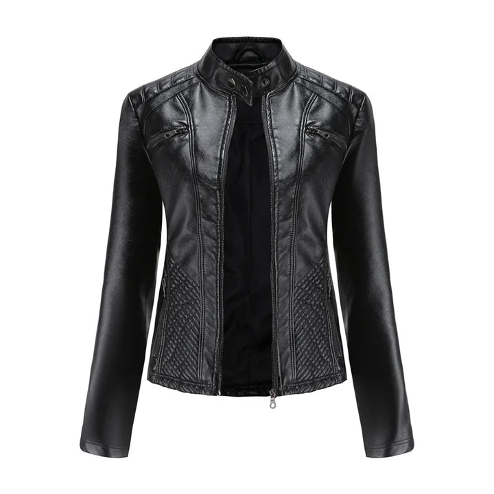 Elegante chaqueta de imitación de piel para mujer con diseño clásico de motera