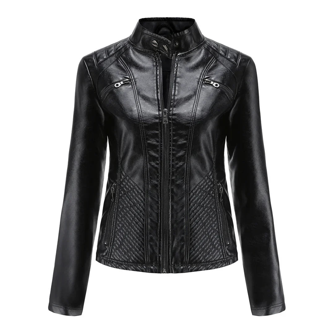 Elegante chaqueta de imitación de piel para mujer con diseño clásico de motera