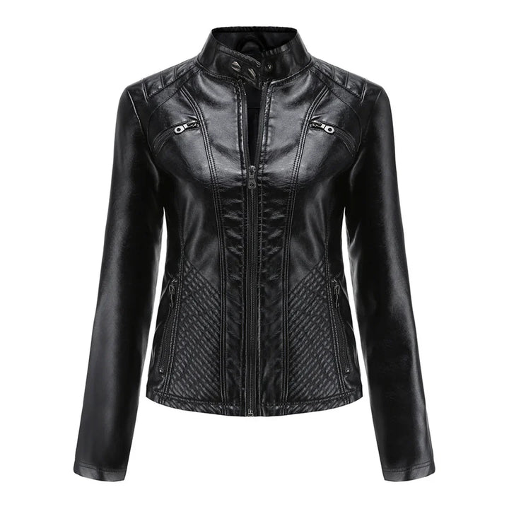 Elegante chaqueta de imitación de piel para mujer con diseño clásico de motera