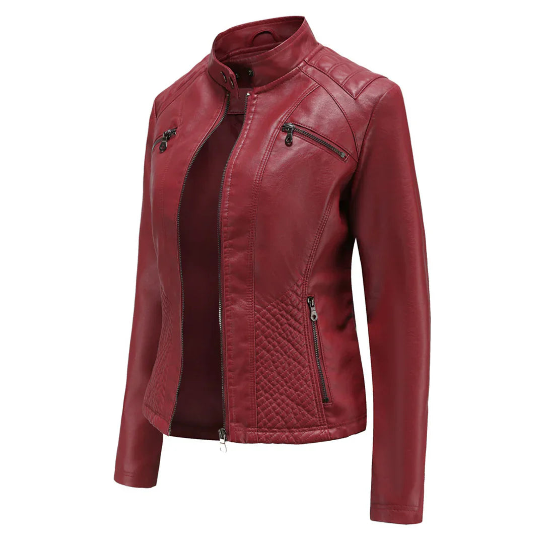 Elegante chaqueta de imitación de piel para mujer con diseño clásico de motera