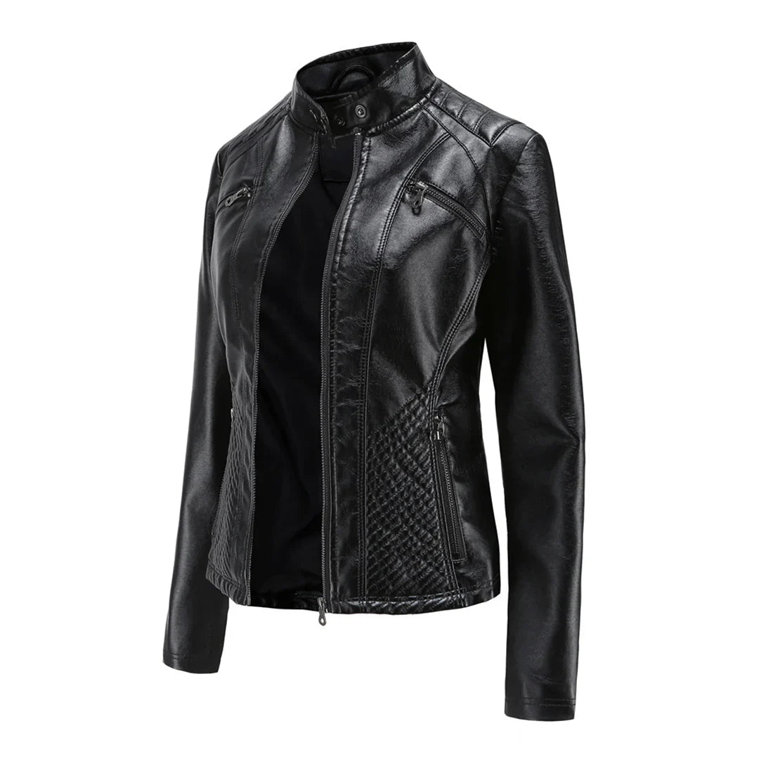 Elegante chaqueta de imitación de piel para mujer con diseño clásico de motera