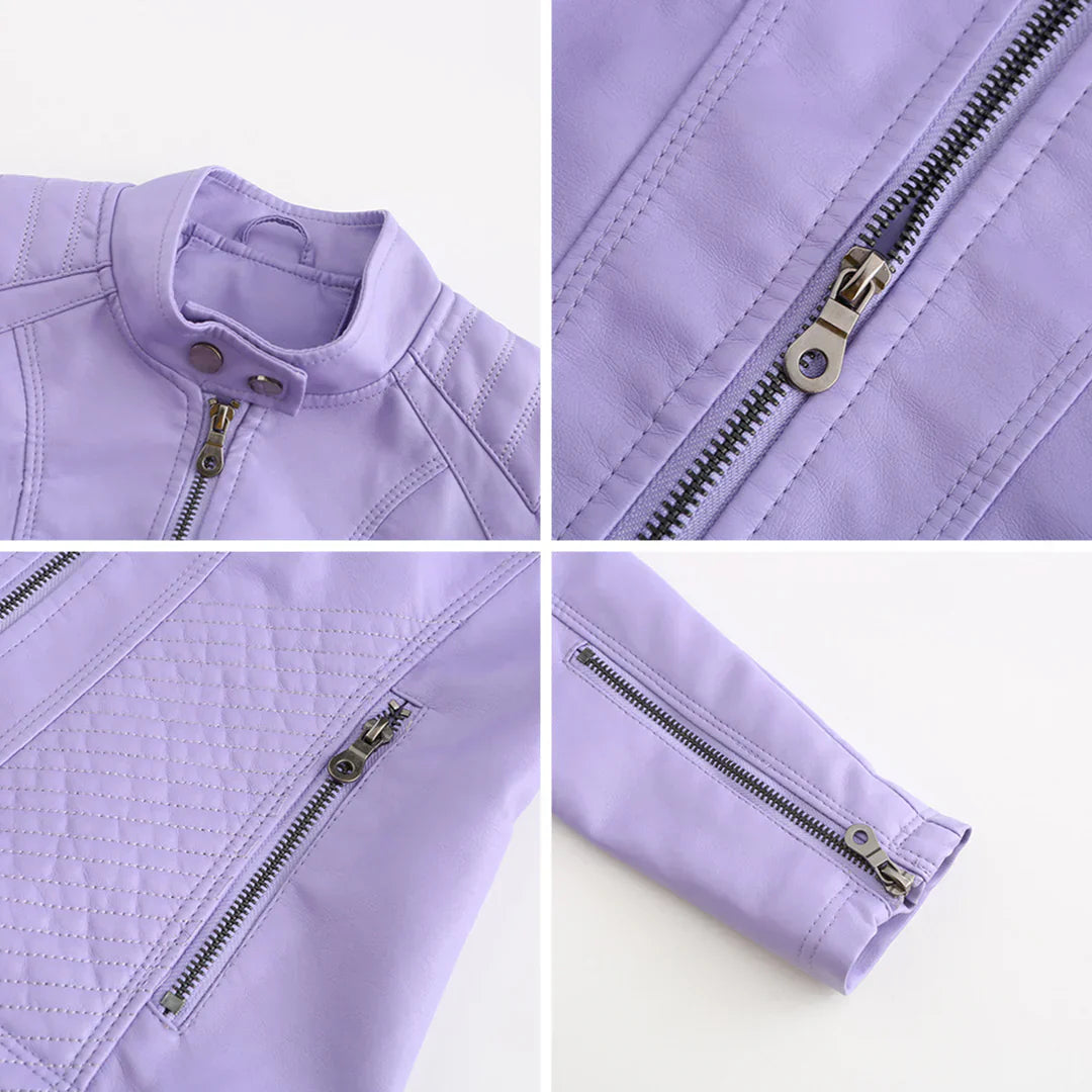Elegante chaqueta de imitación de piel para mujer con diseño clásico de motera