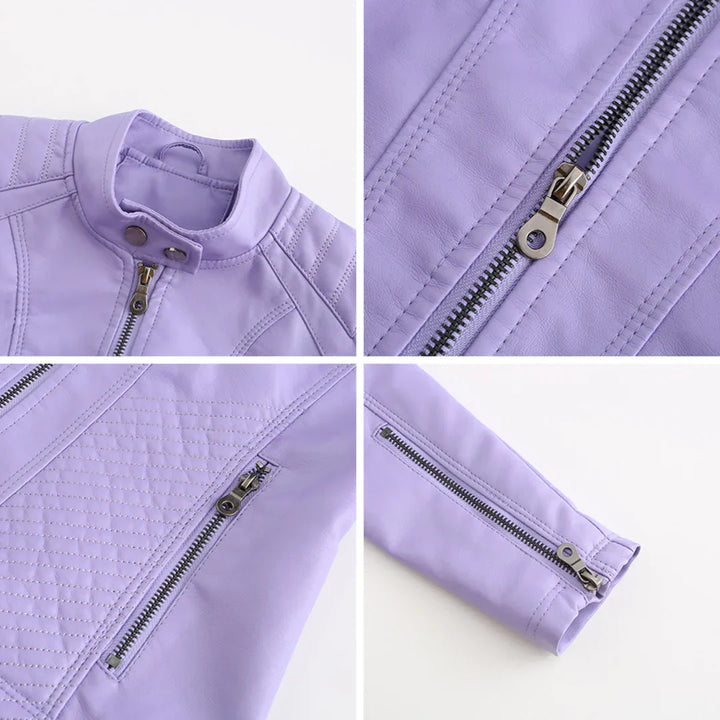 Elegante chaqueta de imitación de piel para mujer con diseño clásico de motera