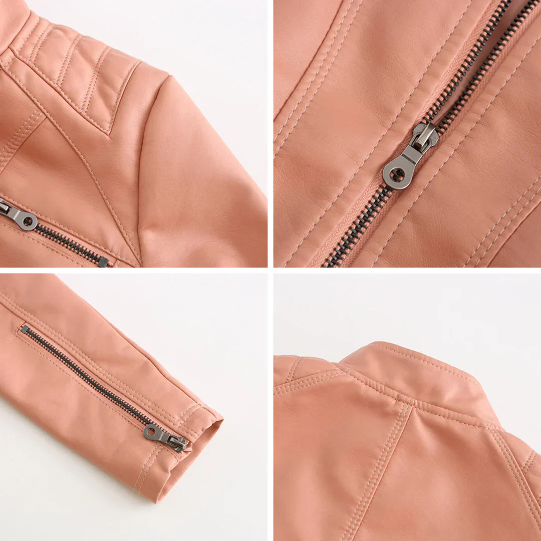 Elegante chaqueta de imitación de piel para mujer con diseño clásico de motera