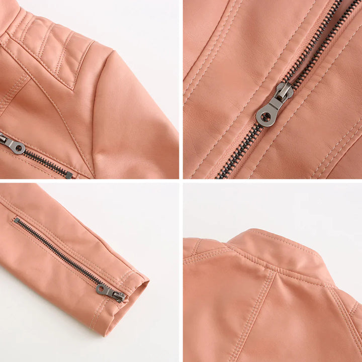 Elegante chaqueta de imitación de piel para mujer con diseño clásico de motera