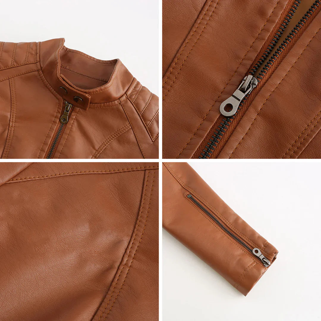 Elegante chaqueta de imitación de piel para mujer con diseño clásico de motera