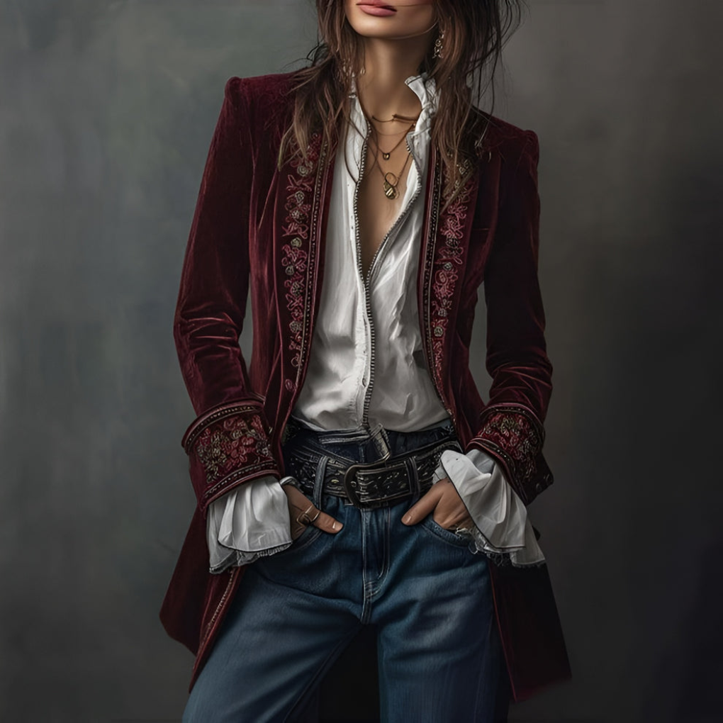 Chaqueta Larga Bordada para Mujeres
