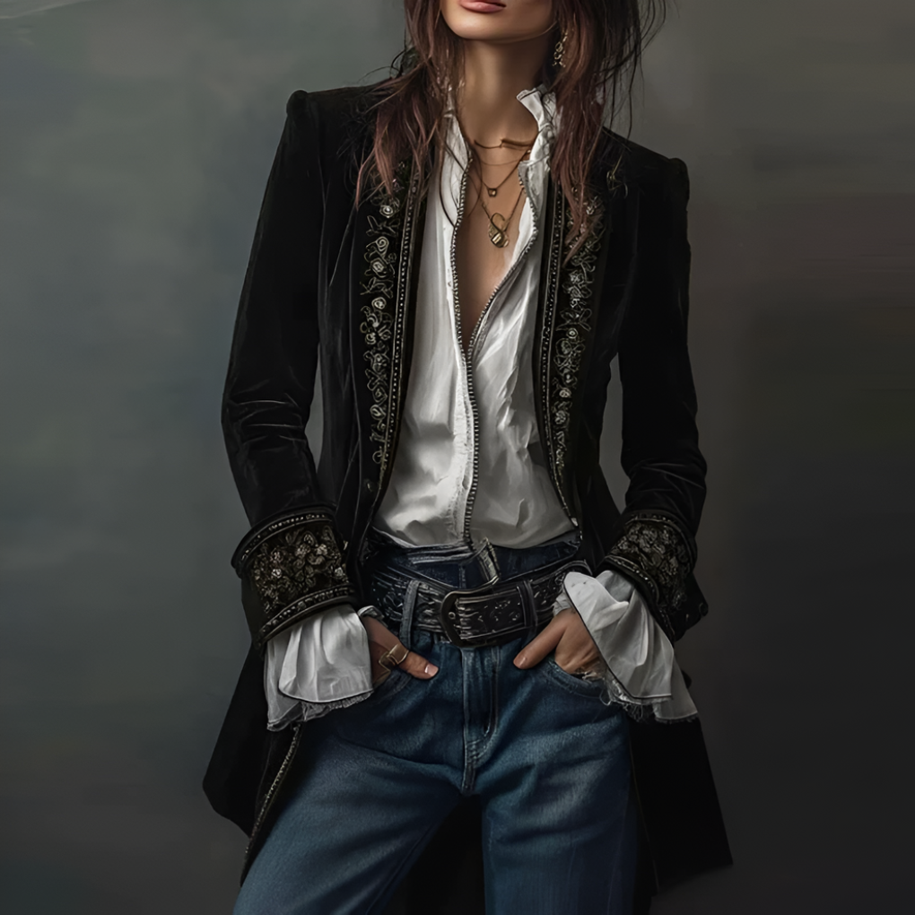 Chaqueta Larga Bordada para Mujeres