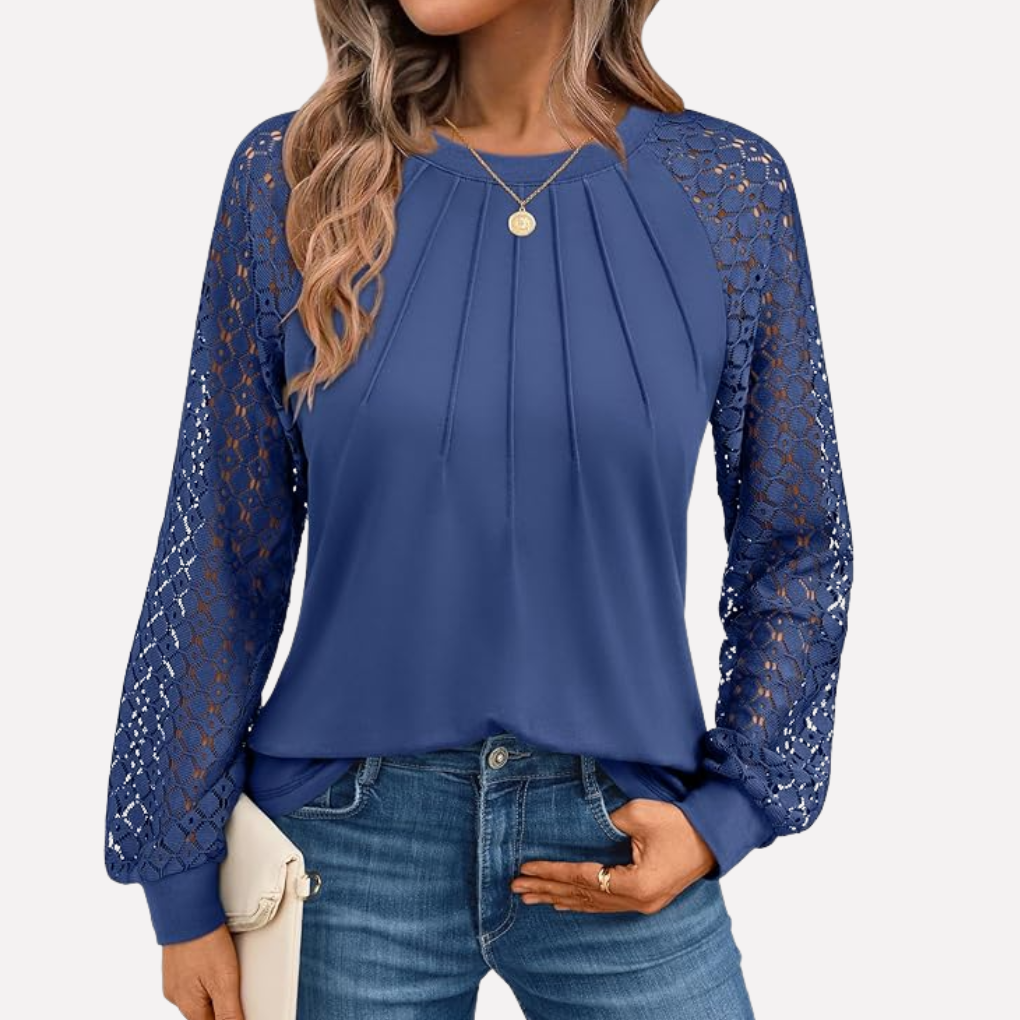 Camisa de Manga Larga de Encaje Plisado