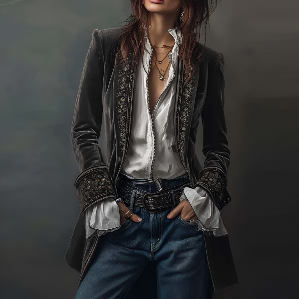Chaqueta Larga Bordada para Mujeres