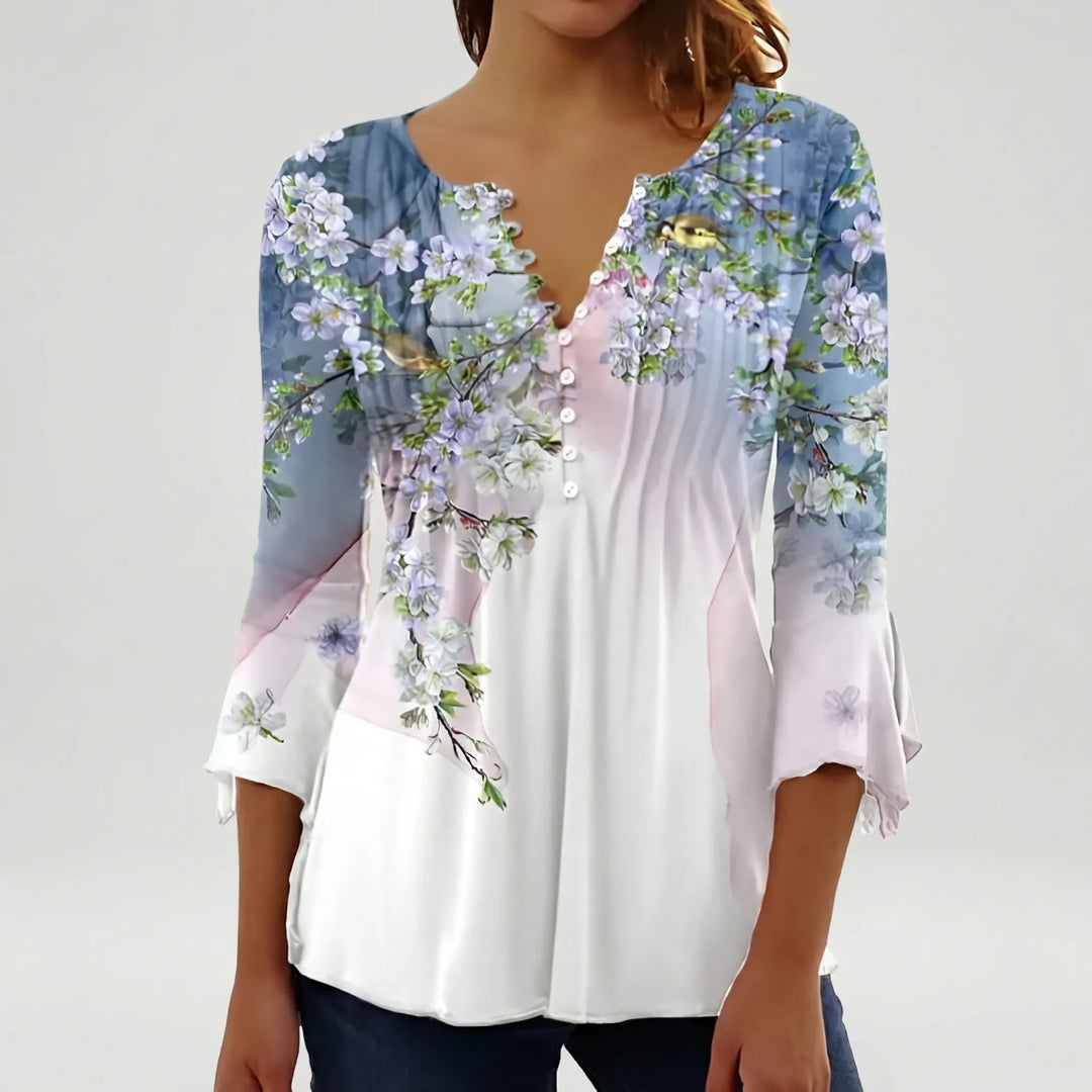Floravia - Blusa de mujer con cuello abotonado y estampado floral