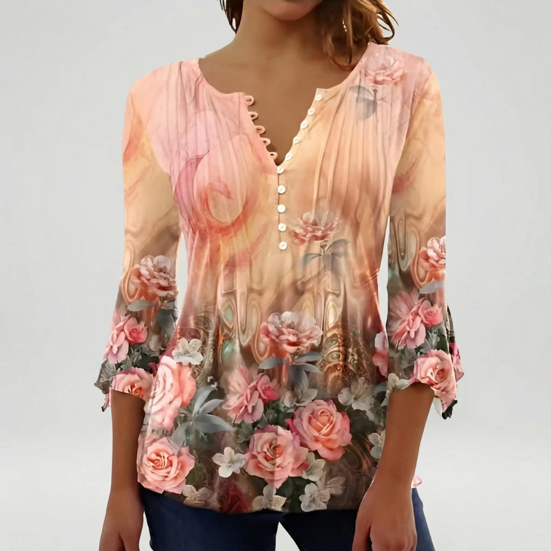 Floravia - Blusa de mujer con cuello abotonado y estampado floral
