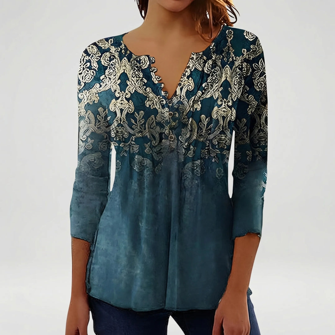 Floravia - Blusa de mujer con cuello abotonado y estampado floral