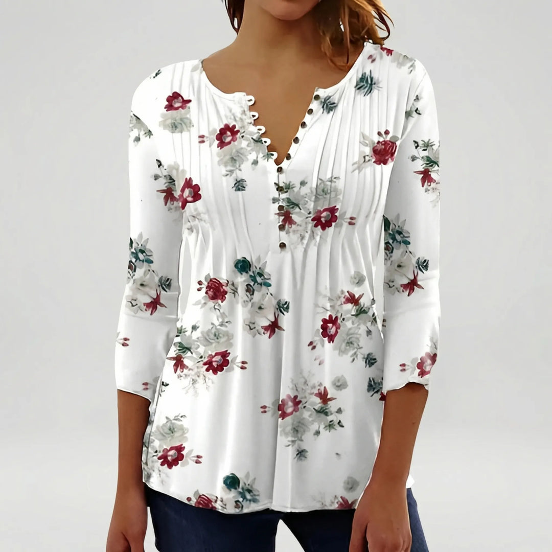 Floravia - Blusa de mujer con cuello abotonado y estampado floral