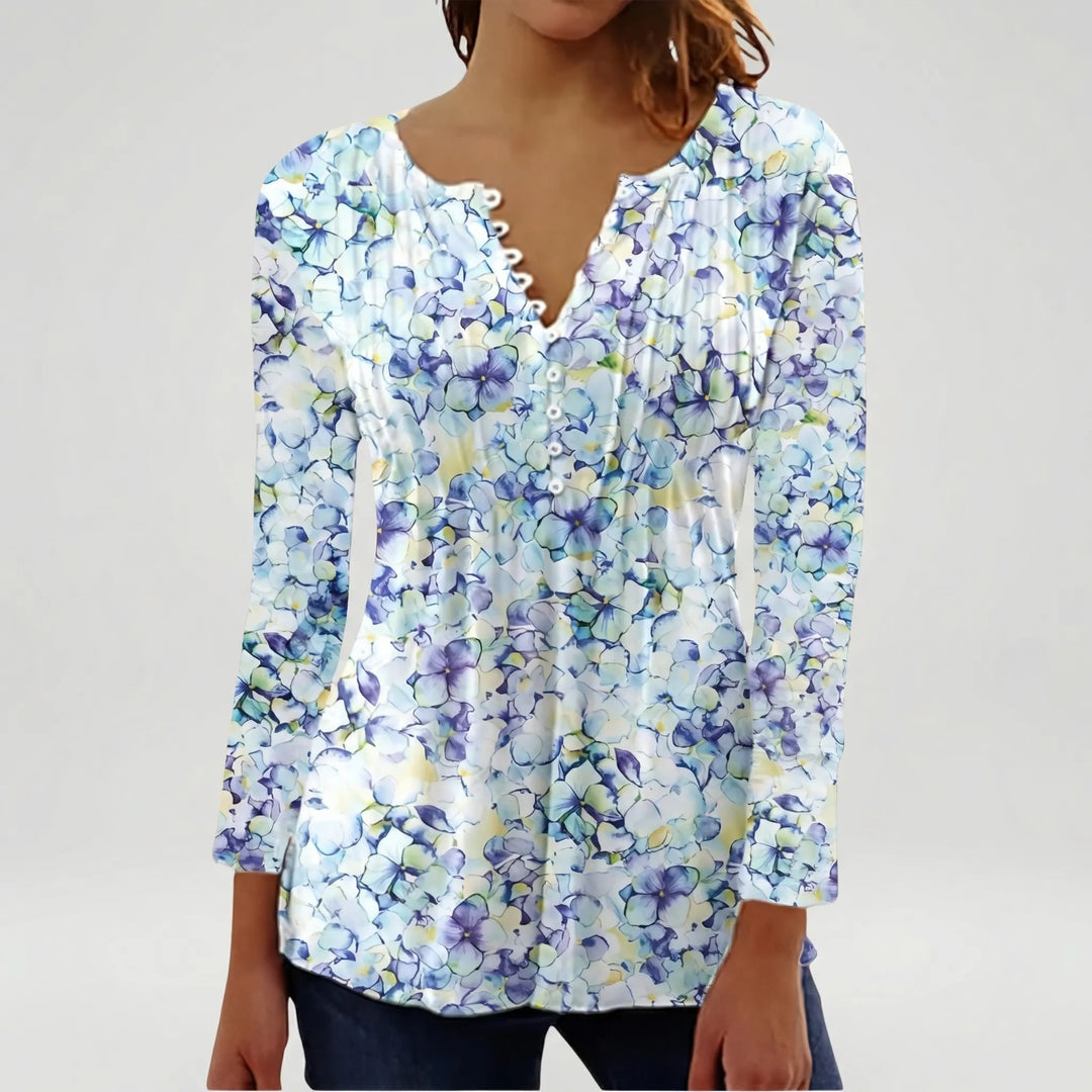 Floravia - Blusa de mujer con cuello abotonado y estampado floral