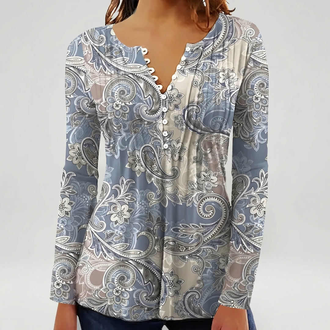 Floravia - Blusa de mujer con cuello abotonado y estampado floral