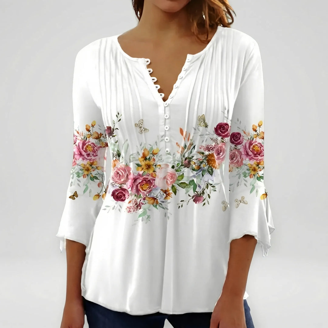Floravia - Blusa de mujer con cuello abotonado y estampado floral