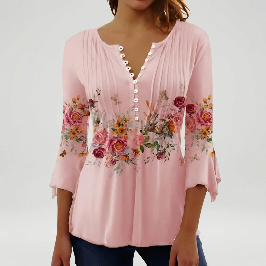 Floravia - Blusa de mujer con cuello abotonado y estampado floral