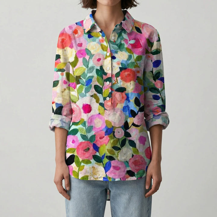 Florenzia - Blusa de manga larga con estampado floral y botones delanteros