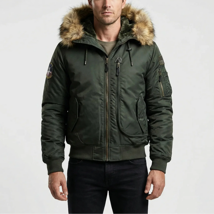 Frostlux - Chaqueta bomber acolchada con capucha de piel sintética